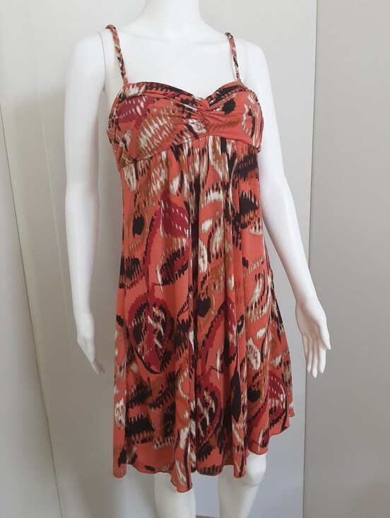 Bisou Bisou Dresses & Skirts - BISOU BISOU Rust Multi-Print Spaghetti Strap Babydoll Dress Sz 12